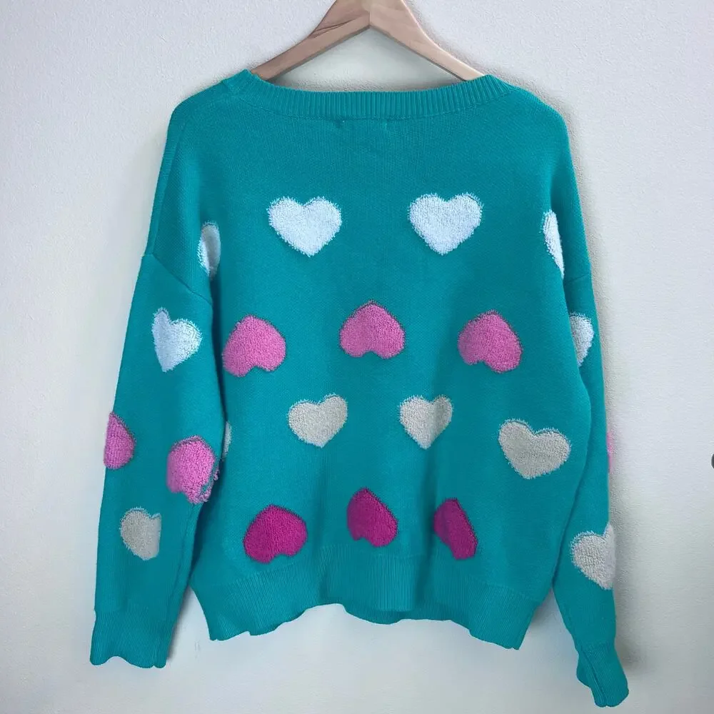 Green Casual Women's Heart Pattern Crew Neck Drop Shoulder Sweater Size M/L - Picture 2 of 7